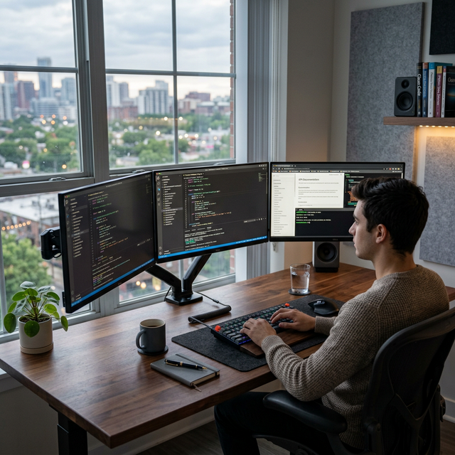 A modern premium programmer workspace with glowing monitors displaying code snippets, high-tech, bright, clean